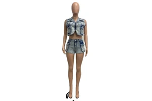 Hot Sale Spring Women's Solid Denim Suit Button Above Knee Two-piece Casual Jeans Set