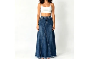High Waist Maxi Denim Skirt For Women Asymmetric A-Line Long Jean Skirt With Raw Hem Custom Casual Blue Washed Skirt