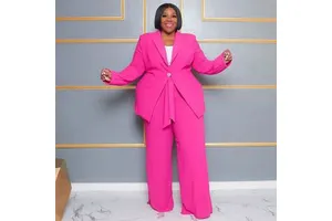 Plus Size Clothing Ladies Office Wear Outfits Long Sleeve and Tie up Pants Suits Set for Women