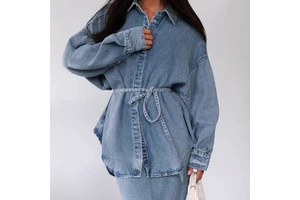 2026 Best-Selling Set Fashion Retro Denim Suit Strap Lazy Long Sleeve Cardigan Covering Long Skirt
