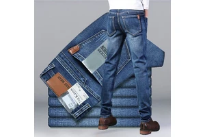 Summer Men's Denim Jeans Washed Stretch Large Size Straight Casual Slim Middle-Aged Pants Wear-Resistant Work Pants
