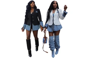 D8749 Spring Suit Jackets for Women Casual Denim Patchwork Contrast Color Long Sleeve Office Blazers Ladies Women's Denim Jacket