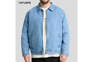 Mens Washed Denim Zip Up Jacket 100% Cotton Light Blue Harrington Style Custom Logo Gots Certified Oem Private Label