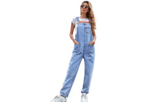 Women's Casual Straight Leg Denim Jumpsuit Patch Pocket Adjustable Wide Strap Loose Jean Overalls