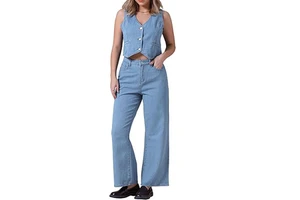 Top Trending Women's Denim 2 Piece Outfits Set Vest Sets Women 2 Piece Outfits Wide Leg Jeans Two Piece Denim Set