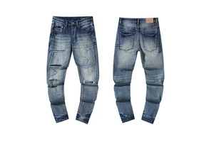 Custom Pu Vintage Washed Distressed Blue Casual Men's Jeans, Mid-Rise Straight Ripped Pencil Skinny Denim Pants