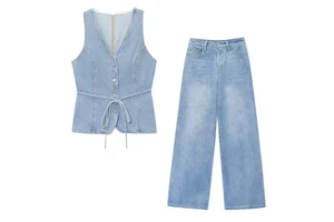 2025 Summer New European American Style V Neck Sleeveless Waist-Cinching Simple Denim Vest Women's Casual Wide-Leg Jeans Suit