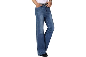 Men's Flare Pants Stonewashed Denim Mid Waist Loose Fit Casual Blue Cotton Solid Party Jeans