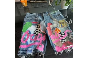 2026 New Design Custom High-quality Y2K Men's Streetwear Blue Aid Washed Vintage Applique Cotton Jeans Shorts