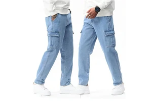 Custom High Quality Men's Cargo Denim Jeans Trouser Pants Oversize Button Waist Loose Fit 7 Pocket Style Stonewashed For unisex