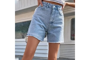 Streamgirl Blue High Waist Frayed Hem Denim Shorts Women Vintage Light Wash Wide Leg Casual Summer Jean Shorts