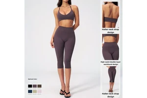 2-Piece Yoga Workout Set Spandex/Nylon Quick-Dry Fabric V-Neck Halter Top Calf-Length Sleeveless Pants for Summer Fitness