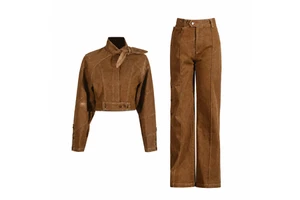 OUDINA Women's Denim Woven Lace 2 Piece Full Length Straight High Waist Pants & Jacket Set Casual Elegant