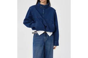 Women's Dark Blue Denim Bomber Jacket, Stand Collar Zip up Elastic Hem Casual Crop Jean Jacket for Spring Autumn