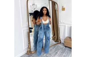 European and American Loose High Waist Denim Overalls Women's Fashion Casual Wide Leg Jumpsuit