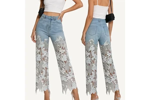 Wholesale Summer Women's Lace Patchwork Jeans Retro Straight Leg Denim Pants Niche Design Slimming Vintage Streetwear Trousers