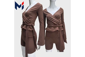 OEM High Elastic V Neck Wrap Waist Top Cropped Slim Fitted Long Sleeve Yoga Top