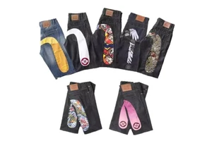 Five-point High Waist Nylon/Cotton Men's Streetwear Hip-Hop Summer Printed 'Lucky God' Design Oversized Loose-Fit Denim Shorts