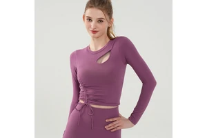 Yoga top with long sleeve and bra pad integrated premium yoga top drawstring for slimming fitness fitness training, yoga top