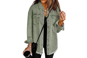 Women's Fall Spring Denim Jackets Long Sleeve Jean Jacket Shirt Button Down Solid Shacket Casual Boyfriend Shackets with Pockets
