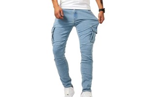 30-36 Street Elastic Jeans Plus Size Men Denim Cargo Pants Solid Color Multi Pockets Casual Mid Waist Slim Trousers