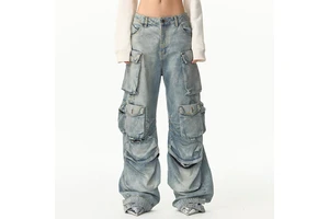 Custom Logo OEM ODM Baggy Loose Cargo Jeans Men With Multi Pockets Distressed Washed Jeans Men Denim Cargo Pants