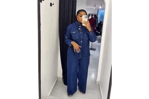 Trendy Solid Denim Sets Women Casual Long Sleeve Lapel Top Straight Pants Loose Jeans 2-Piece Outer Suit Sand Washed All Seasons
