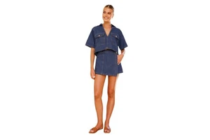 Women's Vintage Casual Summer V-Neck Short Sleeve Loose and Irregular Design Washed Denim Suit