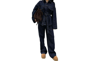 Stylish Women's Casual Denim Set Woven Two-Piece Jeans Lapel Jacket Trousers Autumn Daily Wear Featuring Belt Decoration Quick