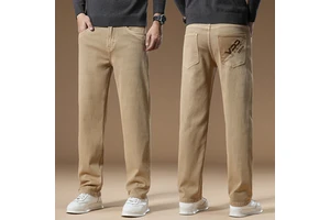 Men's Stretch Straight Leg Khaki Denim Pants, Solid Color Letter Embroidered Back Pocket Casual Trousers