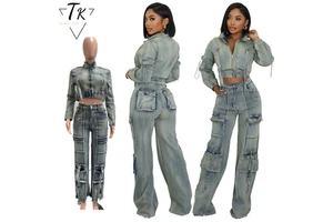 Think Denim Outfits Stretch Cotton Denim Crop Jacket Cargo Jeans Sets Slim Two Piece Jeans Denim Set Women Clothing