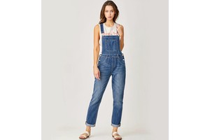 Women's Light Wash Denim Overalls High Relaxed Straight-Leg Jumpsuit Adjustable Strap Button Detail Cuffed Cropped Fit Summer