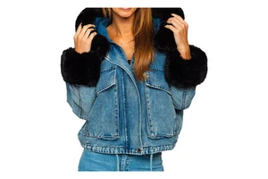 Customized Women's Breathable Embroidery Stripe Fur Collar Pearls Cotton Denim Jeans Zipper Outerwear Jackets