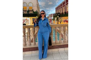 Custom Logo Denim Suit For Women Trendy Spring Fall Casual Outfits Lapel Pocket Top And Lace Up Straight Jeans Set Denim Set