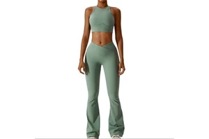 Women's Yoga Crop Top & Flare Leg Pants Set Spandex/Nylon Four-Way Stretch Breathable Quick Dry Eco-Friendly Plus Elastic Waist