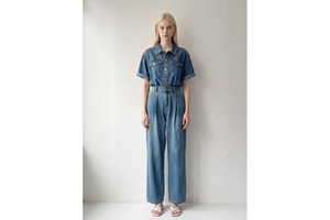 Wholesale Custom Women Denim Jumpsuit High Waist Wide Leg Short Sleeve Washed One Piece Overall
