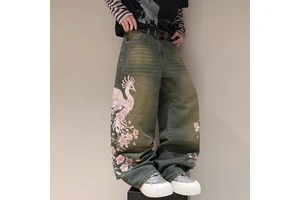 Custom High Quality Fashion Custom Embroidery Light Blue Big Pocket Wide Leg Plus Size Stacked Baggy Men's Denim Jeans for Men