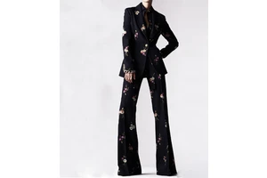 New Women's Floral Casual Woven Button Two Piece Denim Set with Washed Blue Top and Straight Trousers