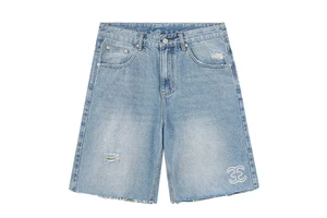 OEM Custom Men Light Wash Baggy Denim Shorts Distressed Raw Hem Wide Leg Jorts For Summer Streetwear