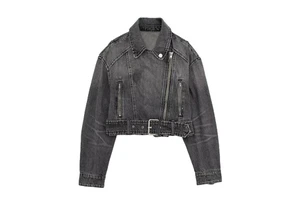 Fall Season New Style Stand Collar Women Denim Jackets Long Sleeve Zipper Side Pocket Buckle Black and Blue Motorcycle Jacket