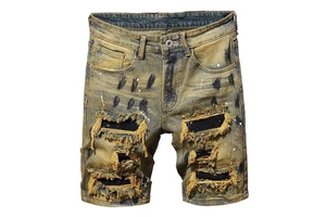 Summer Men's Casual Denim Shorts Distressed Spray Paint Chrome Heart Design High Street Elastic Waist Anti-Wrinkle Breathable