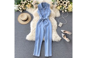Retro Buckle Ties Waist Straight Wide Leg Pants Denim Jumpsuit
