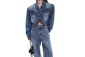 Summer Women's Denim Pu Leather Bandage Two-Piece Jacket Wide Leg Teenagers Spring Jeans Set Women Sexy With Jacket for Industry