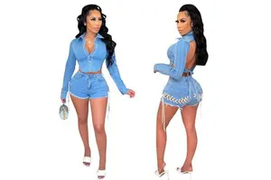 Summer New Style Women's Solid Skinny Denim Two-Piece Set with Tank Top and Shorts Tassel & Hole Details