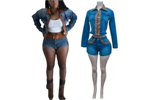 Stylish Autumn Women's Denim Suit With Embroidered Top and Pleated Knee High Shorts for a