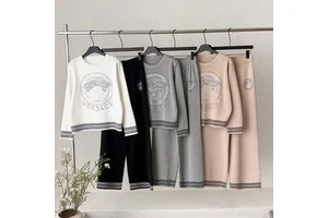 Foreign Trade European American Style ELEGANT Anti-Wrinkle Wool Blend Neck Knitted Sweater Autumn Suit Women's Casual Pants 1025