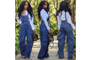 Womens Denim WideLeg Jumpsuit Overall Pants utility streetwear fashion style closure contrast stitching and extrawide loose legs