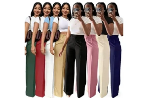 Hot Sale Women Plain Business Casual Pants Loose Fit Midi Waist Office Pants Ladies Wide Leg Straight Leg Pants With Pockets