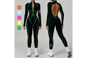 Women Sportswear Color Contrast Long Sleeve Sports Fitness Bodysuit One Piece Backless Yoga Gym Workout Jumpsuits
