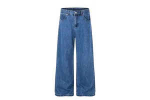 High-Street Unisex Premium Washed Vintage Nostalgic Blue-Tinted Jeans Mid Waist Loose Trousers Wide-Leg Denim Men Casual Pants